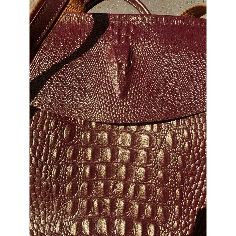 Embossed Leather Flap Backpack Cross Body Bag Purse Burgundy Gold Metallic